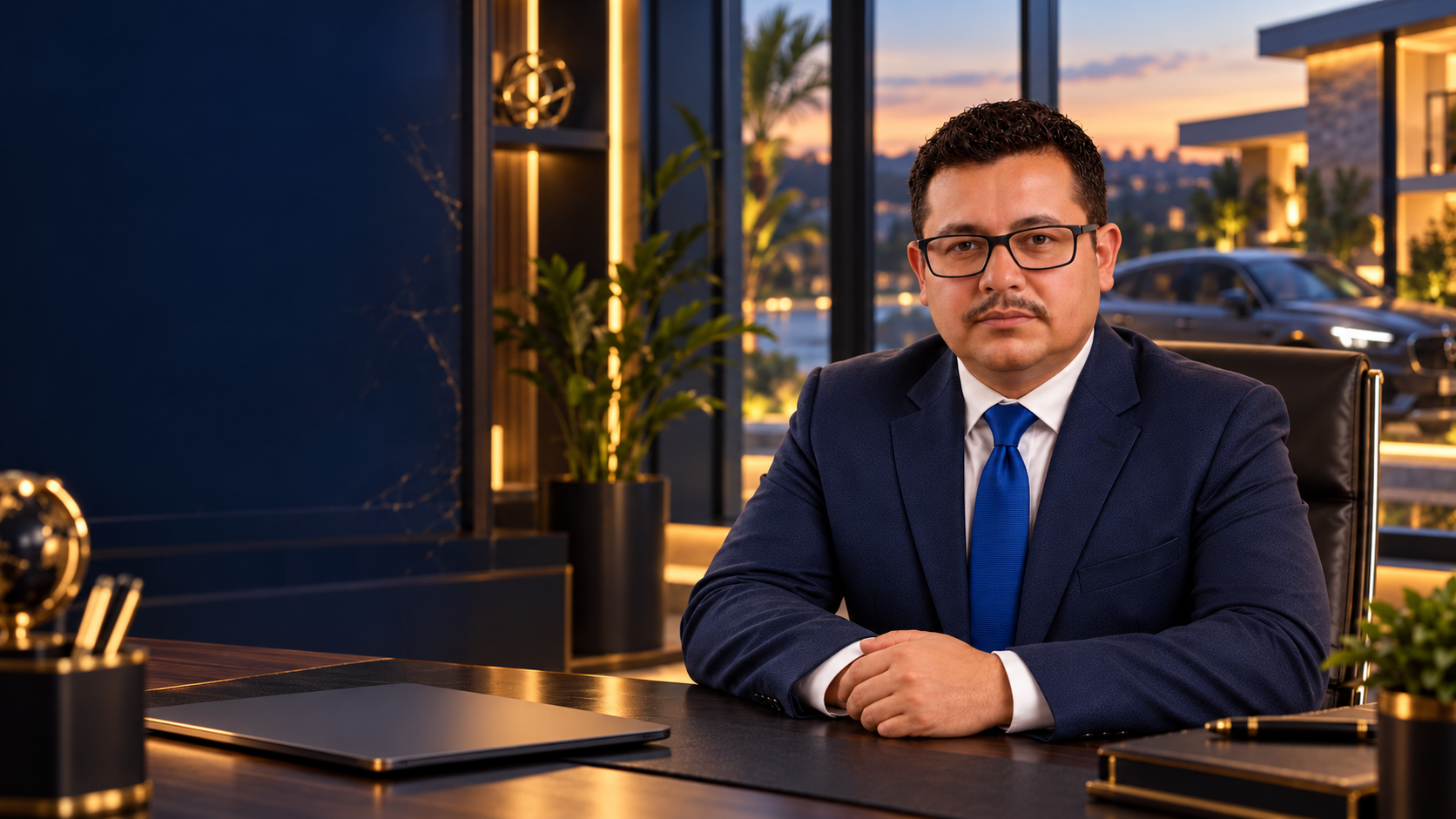 Val Ribeiro em ambiente profissional, com imóvel e veículo ao fundo